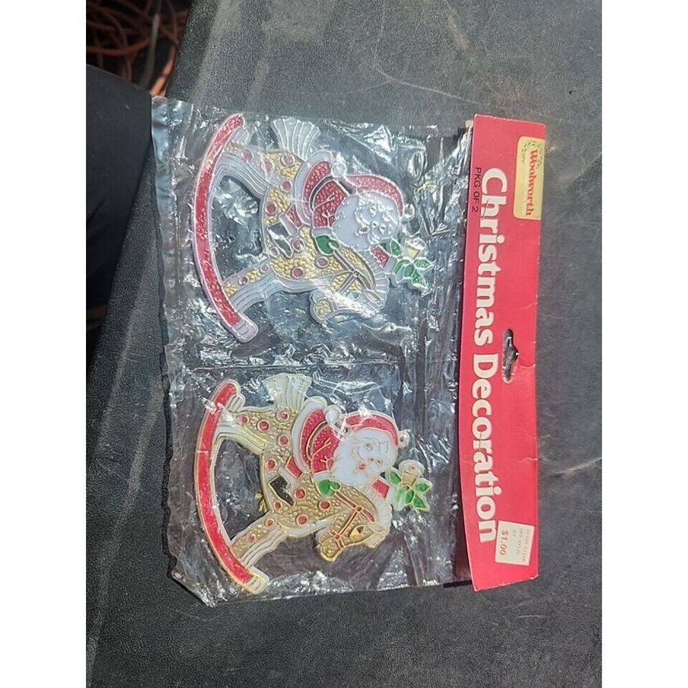 Woolworth Christmas Ornament Plastic Santa Claus Rocking Horse 2 NOS
